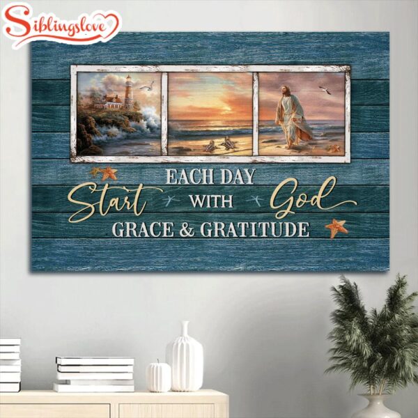 Beautiful Beach Jesus Painting Sunset Start Each Day With God Canvas Wall Art