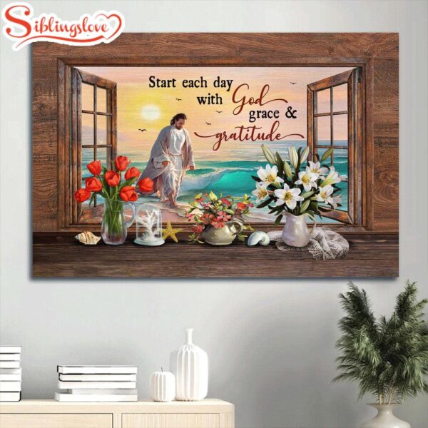 Beautiful Beach Lovely Flower Vase Start Each Day With God Grace & Gratitude Canvas Wall Art