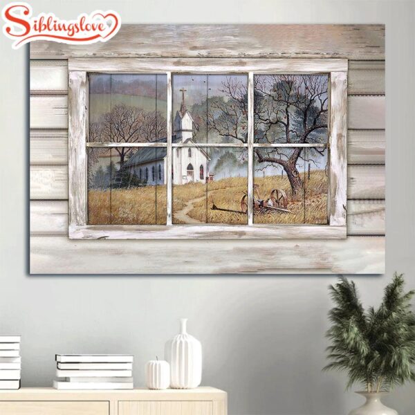 Beautiful Church Country Church Through Rustic Window Yellow Meadow Canvas Wall Art