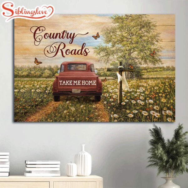 Beautiful Countryside Dandelion Field Ladybug Car Country Roads Take Me Home Canvas Wall Art