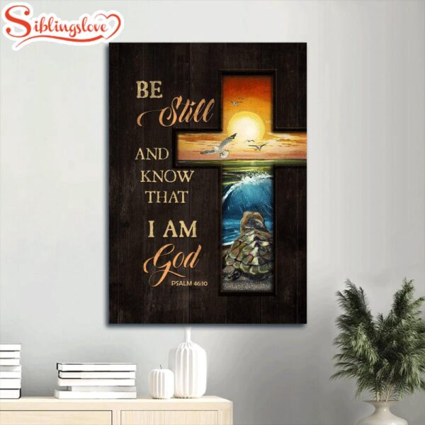 Beautiful Cross Orange Sunset Turtle Seagull Be Still And Know That I Am God Canvas Wall Art