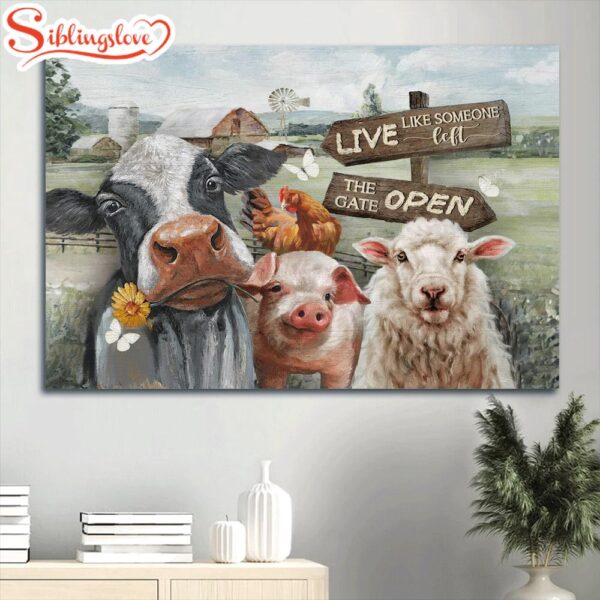 Beautiful Dairy Cow White Lamb Farm Drawing Live Like Someone Left The Gate Open Canvas Wall Art