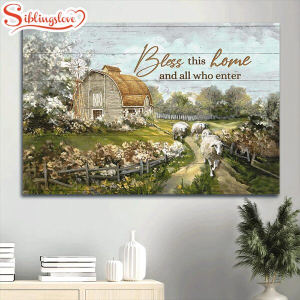 Beautiful Farm Sheep Drawing Vintage House Canvas Bless This House Canvas Wall Art