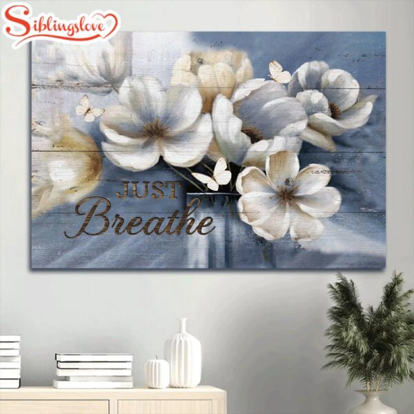 Beautiful Flower Blue Background Pretty Butterfly Just Breathe Canvas Wall Art