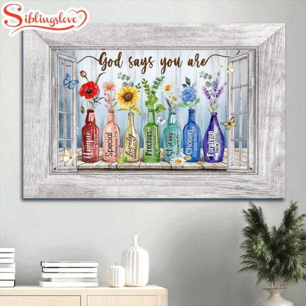 Beautiful Flowers Rainbow Color Colored Glass Bottles Butterfly God Says You Are Canvas Wall Art