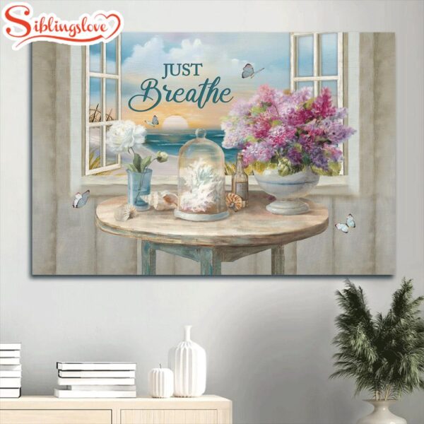 Beautiful Flowers Seashells Coral Sunrise View Butterfly Painting Just Breathe Canvas Wall Art