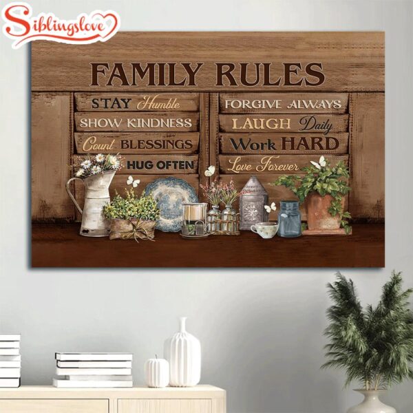 Beautiful Garden Brilliant Flower White Butterfly Family Rules Stay Humble Canvas Wall Art