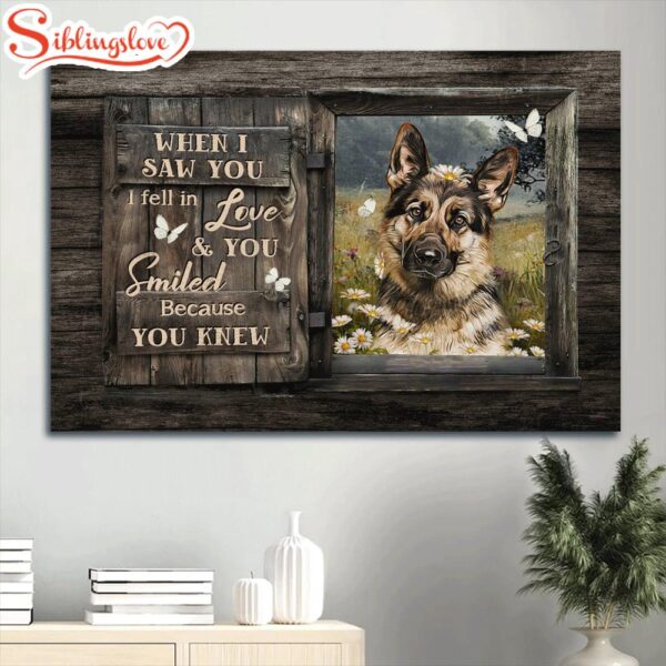 Beautiful German Shepherd Daisy Field White Butterfly When I Saw You I Fell In Love Canvas Wall Art