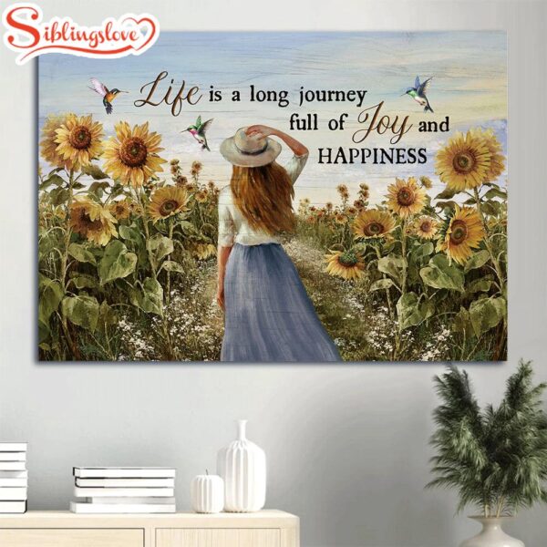 Beautiful Girl Sunflower Field Colorful Hummingbirds Canvas Life Is A Long Journey Canvas Wall Art