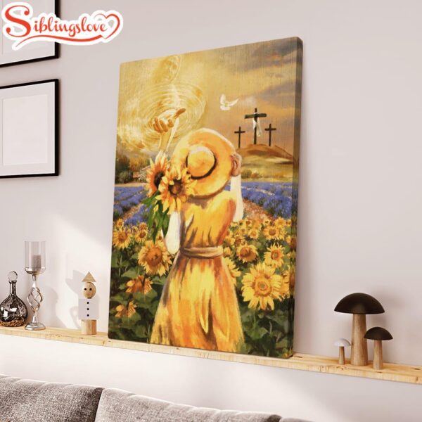 Beautiful Girl Sunflower Field Jesus Hand Cross Symbol Canvas Posters