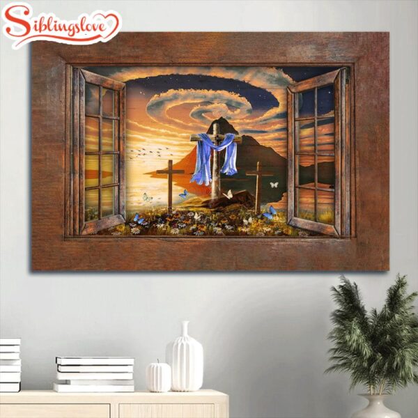 Beautiful Halo Orange Sunset Wooden Cross Window Pretty Butterfly Canvas Wall Art