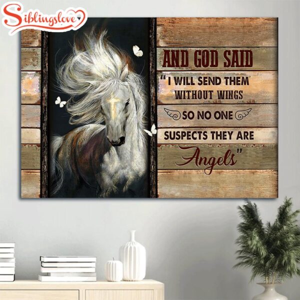 Beautiful Horse Golden Cross White Butterfly I Will Send Them Without Wings Canvas Wall Art