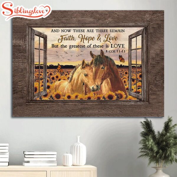 Beautiful Horses Sunflower Field Pretty Sunset Orange Butterfly The Greatest Of These Is Love Canvas