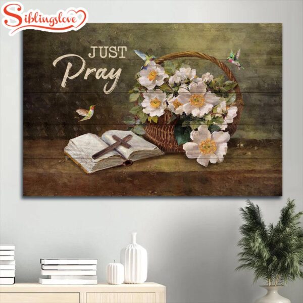 Beautiful Jasmine Wooden Cross Colorful Hummingbird Canvas Just Pray Canvas Wall Art