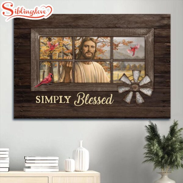 Beautiful Jesus Face Red Cardinal Autumn Forest Simply Blessed Canvas Wall Art