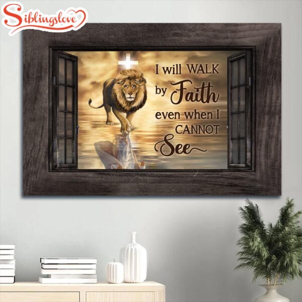 Beautiful Lion Drawing Orange Sunset Jesus Symbol I Will Walk By Faith Canvas Wall Art