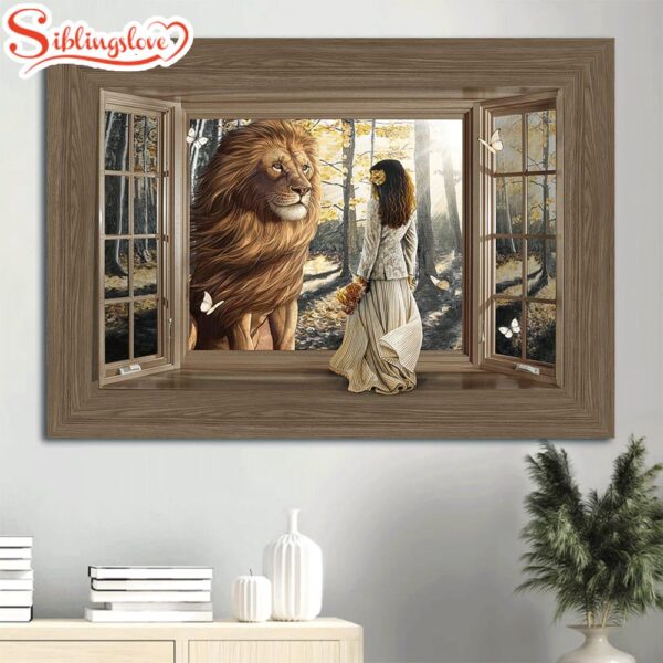 Beautiful Lion Wooden Window Pretty Girl Sunny Day Canvas Wall Art