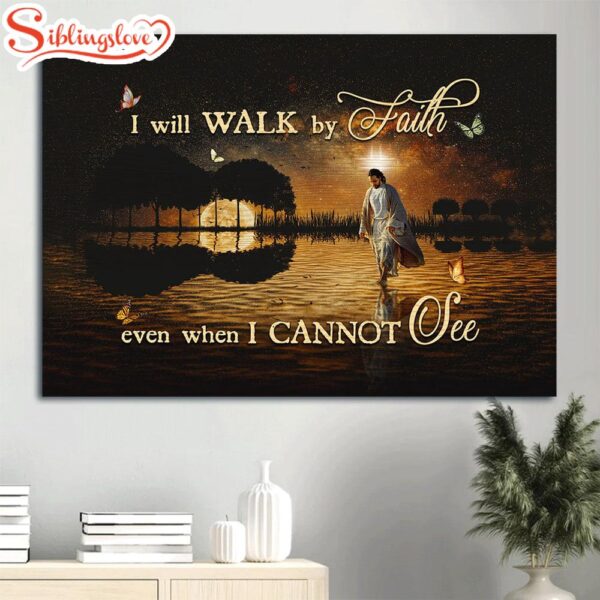 Beautiful Night Full Moon Drawing Jesus Walking On Water I Will Walk By Faith Canvas Wall Art