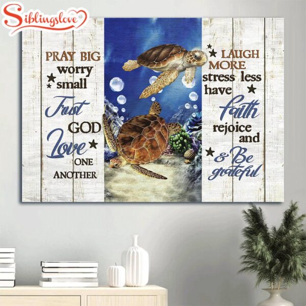 Beautiful Sea Turtle Blue Ocean Water Bubbles Pray Big Worry Small Canvas Wall Art