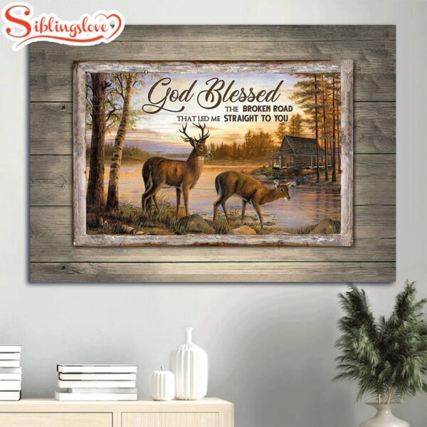 Beautiful Sunset Brown Deer River Painting God Blessed The Broken Road Canvas Wall Art