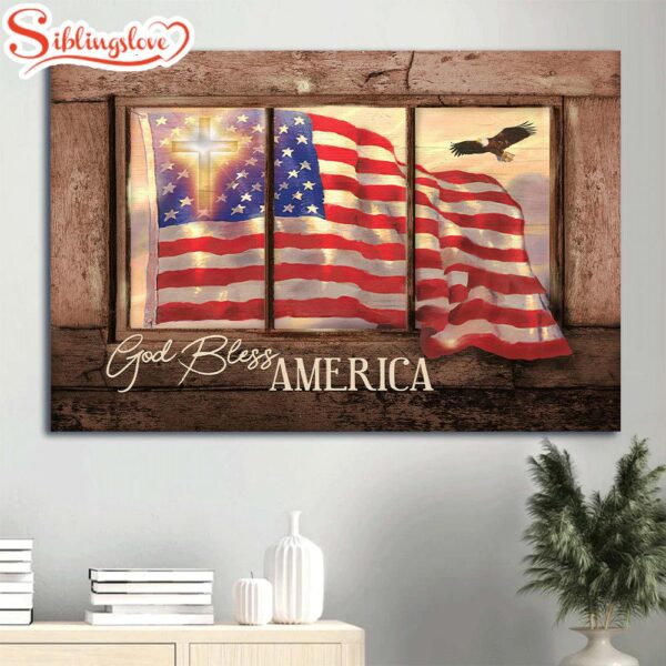 Beautiful Us Flag Cross Symbol Vintage Window God Bless America Canvas Wall Art