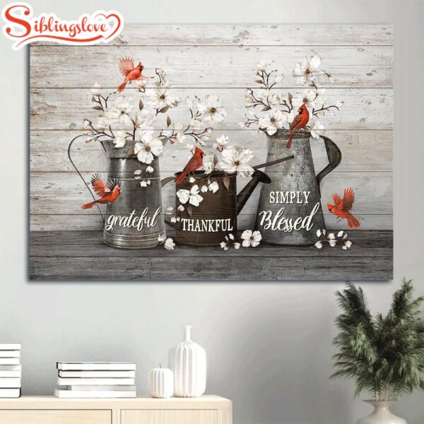 Beautiful White Flowers Red Cardinals Water Pots Simply Blessed Canvas Wall Art