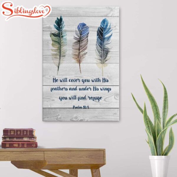 Bible Verse Psalm 914 He Will Cover You With His Feathers Canvas Art