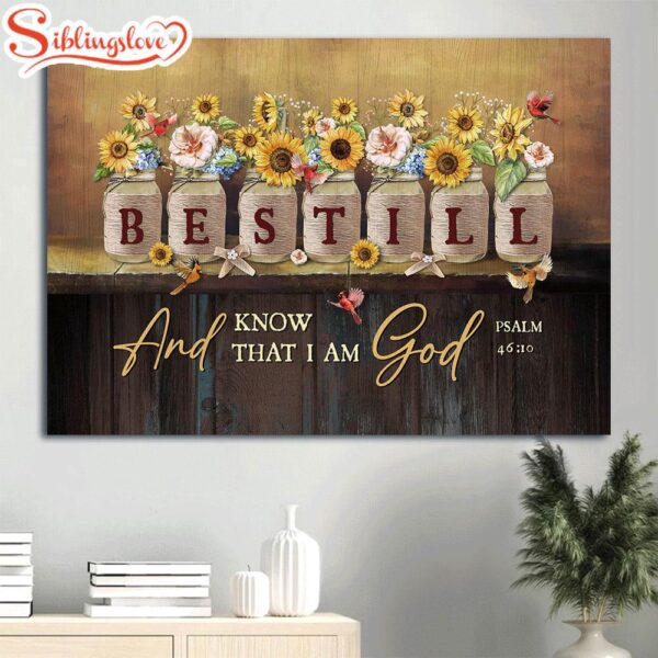 Bible Verse Sunflower Jars Red Cardinal Be Still And Know That I Am God Canvas Wall Art