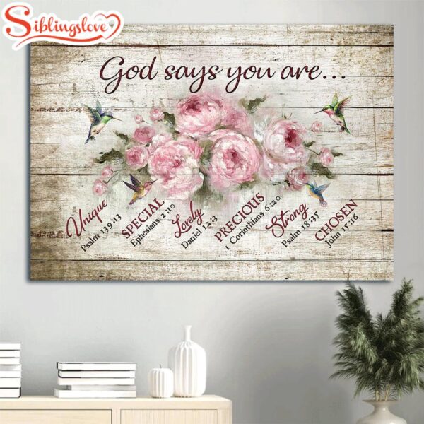 Bible Verse Watercolor Hummingbird Pink Flower Painting God Says You Are Canvas Wall Art