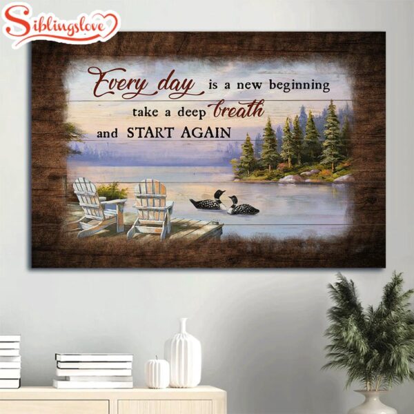 Black Swan On The River Lake View Painting Everyday Is A New Beginning Canvas Wall Art