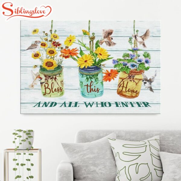 Bless This Home And All Who Enter Floral Sparrow Canvas Wall Art