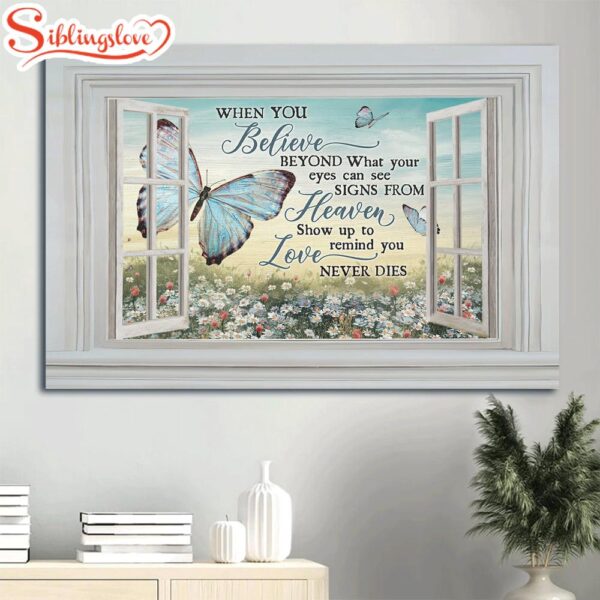 Blue Butterfly Daisy Garden White Window When You Believe Signs From Heaven Heaven Canvas Wall Art