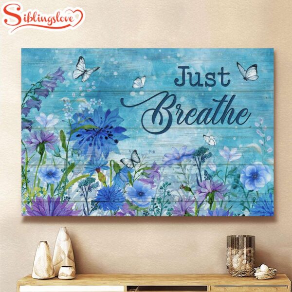 Blue Flower Garden Pretty Butterfly Spring Painting Just Breathe Canvas Wall Art