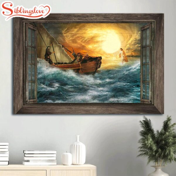 Blue Ocean Jesus Halo God Guides Us Through Storm Canvas Wall Art