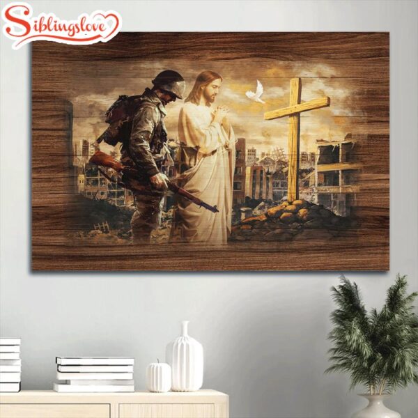 Brave Soldier Jesus Praying City In War Wooden Cross Canvas Wall Art