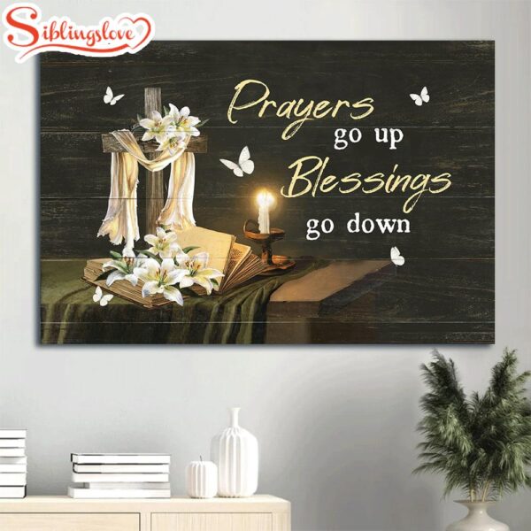 Candle Drawing White Lily Flower Wooden Cross Prayers Go Up Blessings Go Down Canvas Wall Art