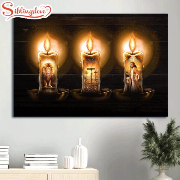 Candles Painting Lion Of Judah Jesus Painting The Three Rugged Crosses Canvas Wall Art