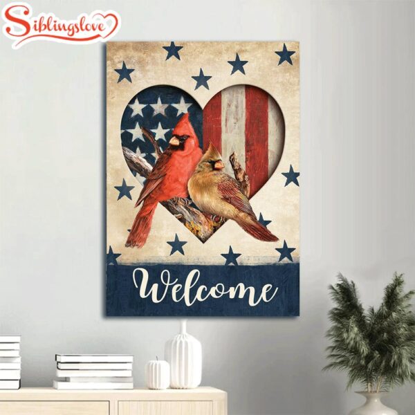 Cardinal Couple Heart Shape Blue Star Us Flag Welcome Heaven Canvas Wall Art