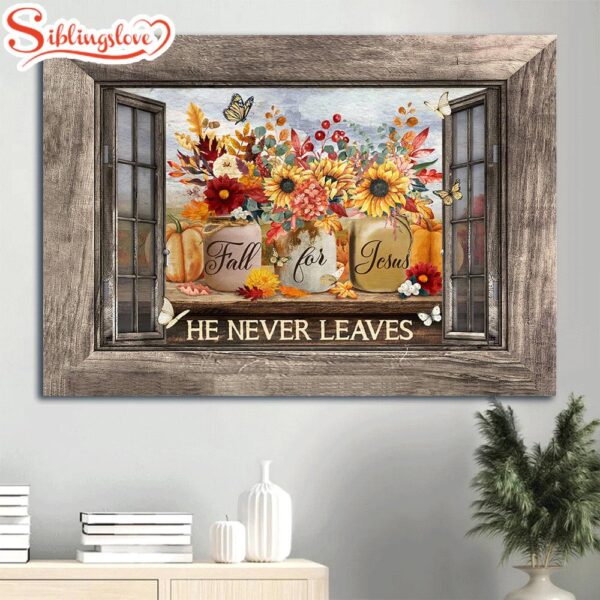 Colorful Flower Pumpkin Painting Colorful Butterfly Wooden Window Frame Fall For Jesus He Never Leaves Canvas Wall Art