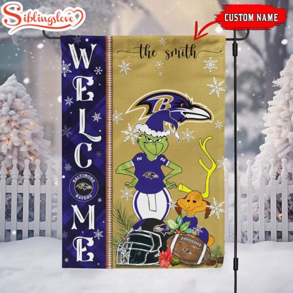 Custom Family Name Baltimore Ravens Grinch Christmas Welcome Football Garden And House Flag