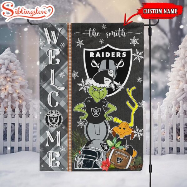 Custom Family Name Las Vegas Raiders Grinch Christmas Welcome Football Garden And House Flag