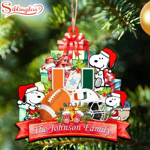 Custom Family Name NCAA Miami Hurricanes Snoopy Christmas Ornament Hanging