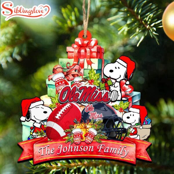 Custom Family Name NCAA Ole Miss Rebels Snoopy Christmas Ornament Hanging