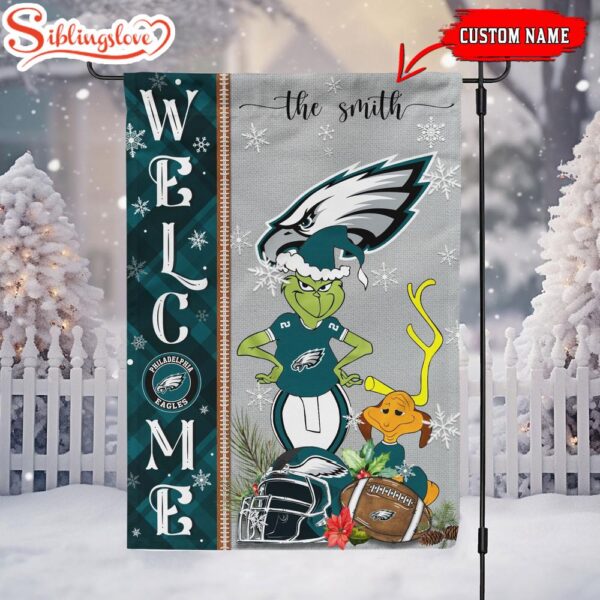 Custom Family Name Philadelphia Eagles Grinch Christmas Welcome Football Garden And House Flag