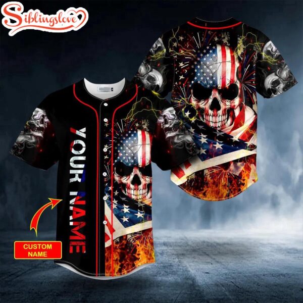 Custom Name American Flag Firework Lightning Fire Skull Halloween Baseball Jersey Shirt