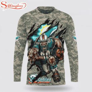 Custom Name And Number NFL Miami Dolphins Camo Mascot All Over Print SweatShirt