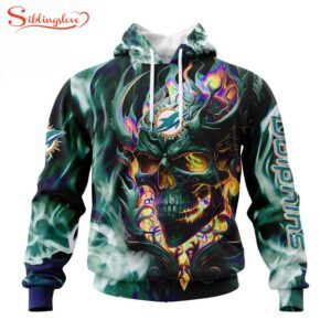 Custom Name And Number NFL Miami Dolphins Skull Happy Halloween 3D Hoodie Shirt