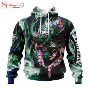 Custom Name And Number NFL Philadelphia Eagles Skull Happy Halloween 3D Hoodie Shirt