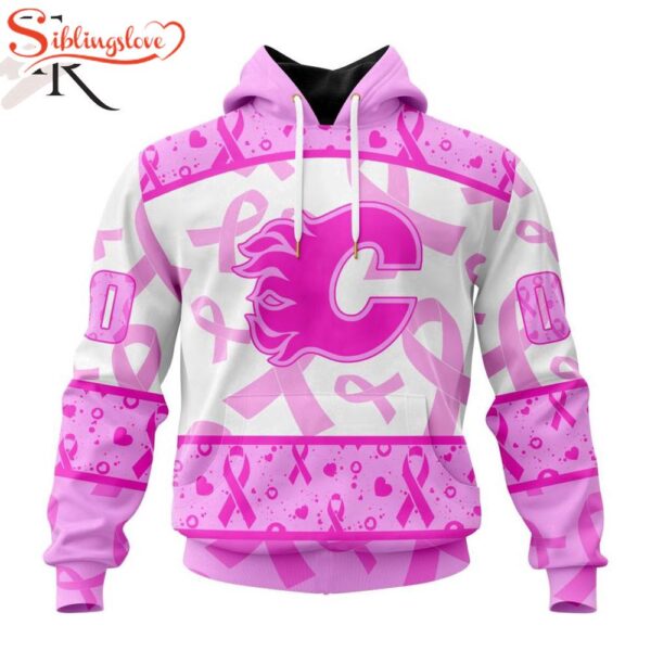 Custom Name And Number NHL Calgary Flames Pink October Breast Cancer Awareness 3D Hoodie