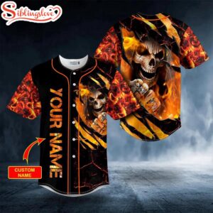 Custom Name Angry Crack Fire Lava Skull Halloween Baseball Jersey Shirt